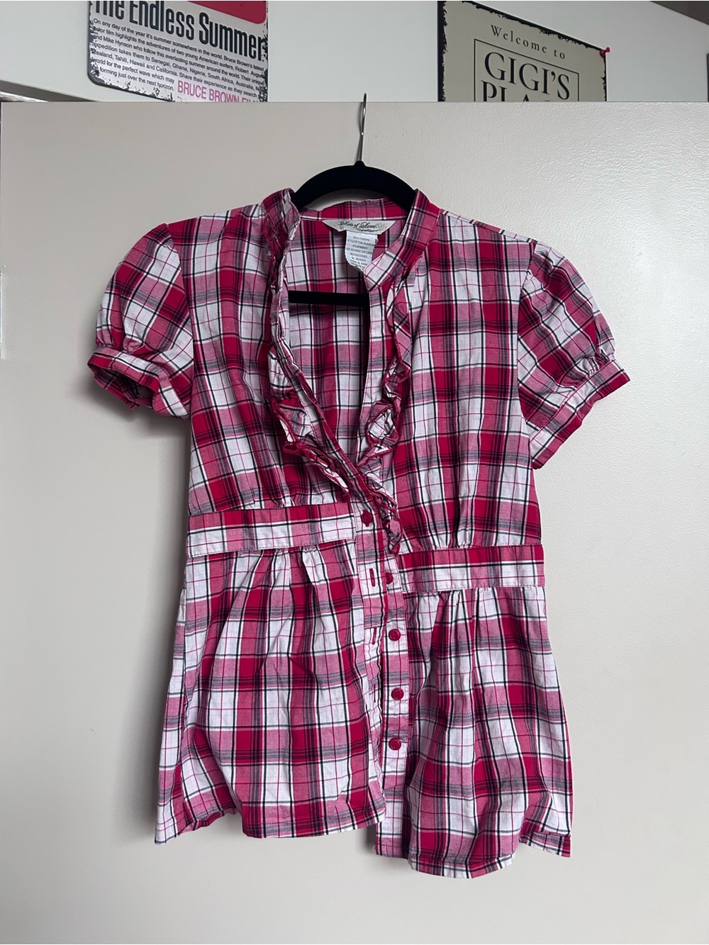 Girls Pink Plaid Ruffle-Front Casual Dress